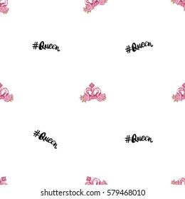 Wedding patches illustration, seamless pattern with queen hashtag and luxury empress crown. Vector fashion backdrop in watercolor style, isolated elements on white background.