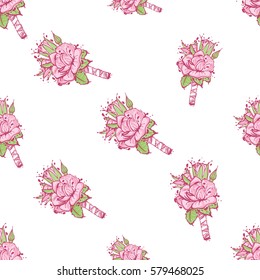 Wedding patches illustration, seamless pattern with rose boutonniere. Vector fashion backdrop in watercolor style, isolated elements on white background.