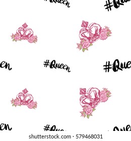 Wedding patches illustration, seamless pattern with queen hashtag and luxury empress crown. Vector fashion backdrop in watercolor style, isolated elements on white background.