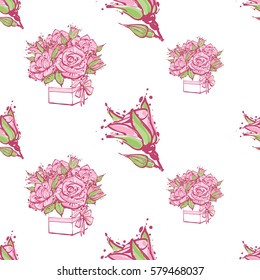 Wedding patches illustration, seamless pattern with rose buds and bouquet of roses. Vector fashion backdrop in watercolor style, isolated elements on white background.