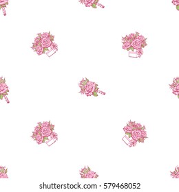 Wedding patches illustration, seamless pattern with rose boutonniere and bouquet of roses. Vector fashion backdrop in watercolor style, isolated elements on white background.