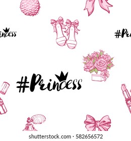 Wedding patches illustration, seamless pattern with pink lipstick, bow, gift box, French perfume, princess hashtag, bride shoes, bouquet of roses. Vector fashion backdrop in watercolor style.
