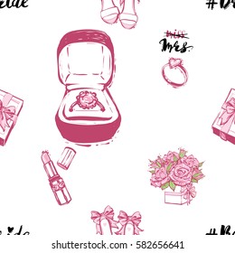 Wedding patches illustration, seamless pattern with pink lipstick, gift box bow, engagement ring, boutonniere, bride shoes, bride hashtag, bouquet of roses. Vector fashion backdrop in watercolor style