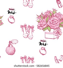 Wedding patches illustration, seamless pattern with pink lipstick, French perfume, engagement ring compositions, bride shoes, bouquet of roses. Vector fashion backdrop in watercolor style.