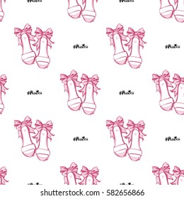 Wedding patches illustration, seamless pattern with princess hashtag and bride shoes. Vector fashion backdrop in watercolor style, isolated elements on white background.