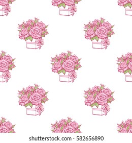Wedding patches illustration, seamless pattern with bouquet of roses. Vector fashion backdrop in watercolor style, isolated elements on white background.