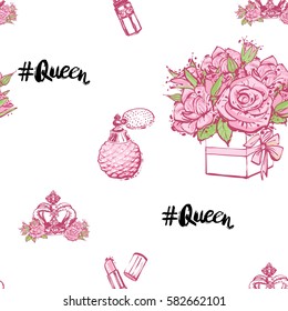 Wedding patches illustration, seamless pattern with pink lipstick, French perfume, queen hashtag, luxury queen crown, bouquet of roses. Vector fashion backdrop in watercolor style.
