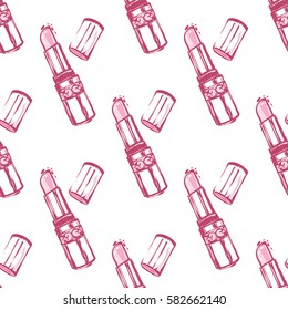 Wedding patches illustration, seamless pattern with pink lipstick. Vector fashion backdrop in watercolor style, isolated elements on white background.