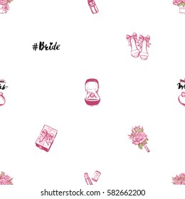 Wedding patches illustration, seamless pattern with pink lipstick, gift box bow, engagement ring, boutonniere, bride shoes, bride hashtag, bouquet of roses. Vector fashion backdrop in watercolor style