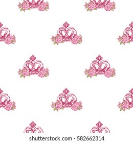 Wedding patches illustration, seamless pattern with luxury queen crown. Vector fashion backdrop in watercolor style, isolated elements on white background.