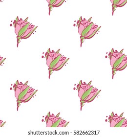 Wedding patches illustration, seamless pattern with young rose flower. Vector fashion backdrop in watercolor style, isolated elements on white background.