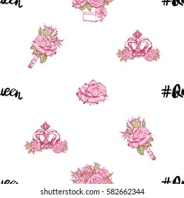 Wedding patches illustration, seamless pattern with queen hashtag, luxury crown, rose boutonniere, bouquet of roses. Vector fashion backdrop in watercolor style, isolated elements on white background.