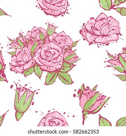 Wedding patches illustration, seamless pattern with buds of roses, rose flowers, bouquets, rosebuds, green leaves. Vector fashion backdrop in watercolor style, isolated elements on white background.