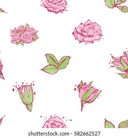 Wedding patches illustration, seamless pattern with buds of roses, rose flowers, bouquets, rosebuds, green leaves. Vector fashion backdrop in watercolor style, isolated elements on white background.