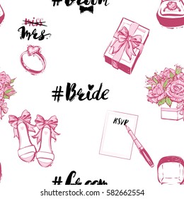 Wedding patches illustration, seamless pattern with gift box bow, engagement ring, groom and bride hashtags, bride shoes, bouquet of roses, fountain pen. Vector fashion backdrop in watercolor style.