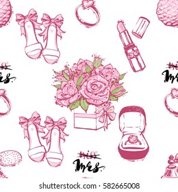 Wedding patches illustration, seamless pattern with pink lipstick, French perfume, engagement ring compositions, bride shoes, bouquet of roses. Vector fashion backdrop in watercolor style.