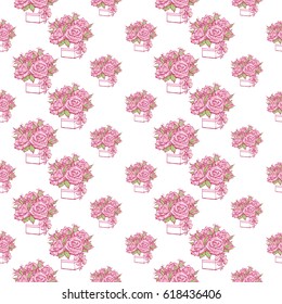 Wedding patches illustration, seamless pattern with bouquet of roses. Vector fashion backdrop in watercolor style, isolated elements on white background.