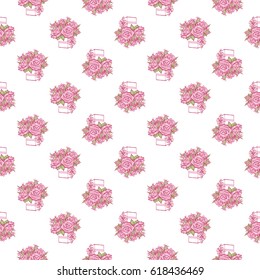 Wedding patches illustration, seamless pattern with bouquet of roses. Vector fashion backdrop in watercolor style, isolated elements on white background.
