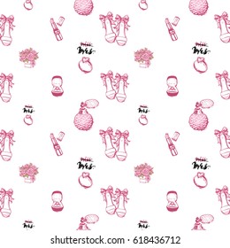Wedding patches illustration, seamless pattern with pink lipstick, French perfume, engagement ring compositions, bride shoes, bouquet of roses. Vector fashion backdrop in watercolor style.