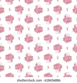 Wedding patches illustration, seamless pattern with pink lipstick and bouquet of roses. Vector fashion backdrop in watercolor style, isolated elements on white background.