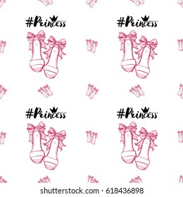 Wedding patches illustration, seamless pattern with princess hashtag and bride shoes. Vector fashion backdrop in watercolor style, isolated elements on white background.