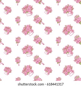 Wedding patches illustration, seamless pattern with rose boutonniere and bouquet of roses. Vector fashion backdrop in watercolor style, isolated elements on white background.