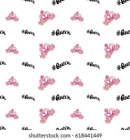 Wedding patches illustration, seamless pattern with queen hashtag and luxury empress crown. Vector fashion backdrop in watercolor style, isolated elements on white background.