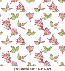 Wedding patches illustration, seamless pattern with buds of roses, young rose flower, green leaves. Vector fashion backdrop in watercolor style, isolated elements on white background.