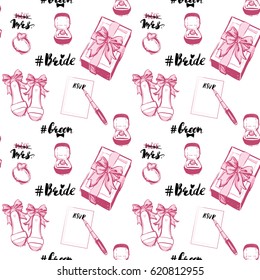 Wedding patches illustration, seamless pattern with gift box bow, engagement ring, groom and bride hashtags, bride shoes, bouquet of roses, fountain pen. Vector fashion backdrop in watercolor style.