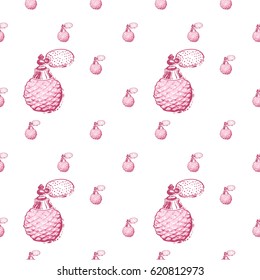 Wedding patches illustration, seamless pattern with French perfume. Vector fashion backdrop in watercolor style, isolated elements on white background.