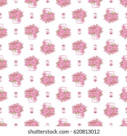 Wedding patches illustration, seamless pattern with engagement ring box and bouquet of roses. Vector fashion backdrop in watercolor style, isolated elements on white background.