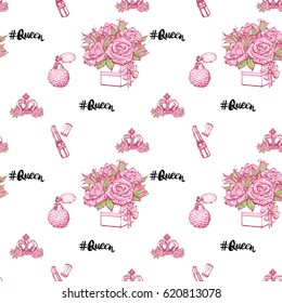 Wedding patches illustration, seamless pattern with pink lipstick, French perfume, queen hashtag, luxury queen crown, bouquet of roses. Vector fashion backdrop in watercolor style.