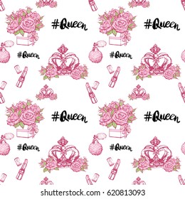 Wedding patches illustration, seamless pattern with pink lipstick, French perfume, queen hashtag, luxury queen crown, bouquet of roses. Vector fashion backdrop in watercolor style.