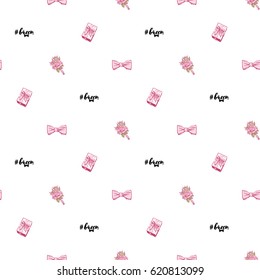 Wedding patches illustration, seamless pattern with bow tie, gift box with bow, groom hashtag, rose boutonniere. Vector fashion backdrop in watercolor style, isolated elements on white background.