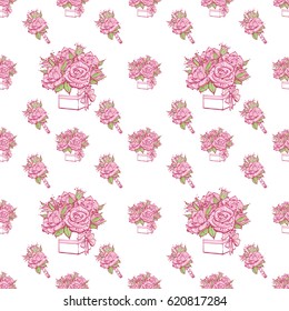 Wedding patches illustration, seamless pattern with rose boutonniere and bouquet of roses. Vector fashion backdrop in watercolor style, isolated elements on white background.