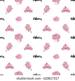 Wedding patches illustration, seamless pattern with queen hashtag, luxury crown, rose boutonniere, bouquet of roses. Vector fashion backdrop in watercolor style, isolated elements on white background.