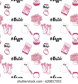 Wedding patches illustration, seamless pattern with gift box bow, engagement ring, groom and bride hashtags, bride shoes, bouquet of roses, fountain pen. Vector fashion backdrop in watercolor style.