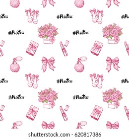 Wedding patches illustration, seamless pattern with pink lipstick, bow, gift box, French perfume, princess hashtag, bride shoes, bouquet of roses. Vector fashion backdrop in watercolor style.