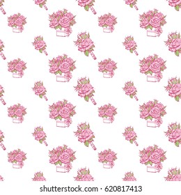 Wedding patches illustration, seamless pattern with rose boutonniere and bouquet of roses. Vector fashion backdrop in watercolor style, isolated elements on white background.