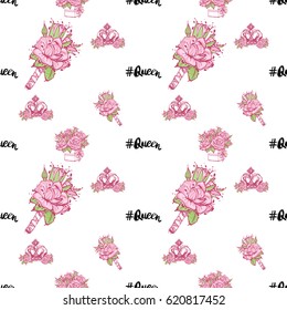Wedding patches illustration, seamless pattern with queen hashtag, luxury crown, rose boutonniere, bouquet of roses. Vector fashion backdrop in watercolor style, isolated elements on white background.