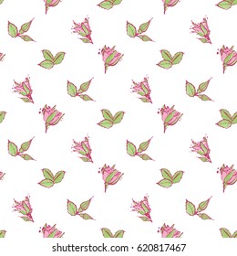 Wedding patches illustration, seamless pattern with buds of roses, young rose flower, green leaves. Vector fashion backdrop in watercolor style, isolated elements on white background.