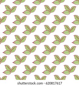 Wedding patches illustration, seamless pattern with three green leaves. Vector fashion backdrop in watercolor style, isolated elements on white background.