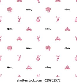 Wedding patches illustration, seamless pattern with pink lipstick, French perfume, queen hashtag, luxury queen crown, bouquet of roses. Vector fashion backdrop in watercolor style.