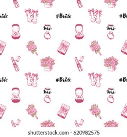 Wedding patches illustration, seamless pattern with pink lipstick, gift box bow, engagement ring, boutonniere, bride shoes, bride hashtag, bouquet of roses. Vector fashion backdrop in watercolor style
