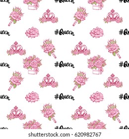 Wedding patches illustration, seamless pattern with queen hashtag, luxury crown, rose boutonniere, bouquet of roses. Vector fashion backdrop in watercolor style, isolated elements on white background.