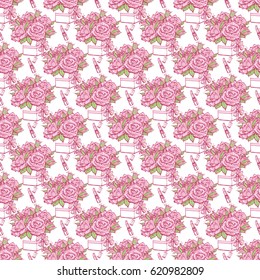 Wedding patches illustration, seamless pattern with pink lipstick and bouquet of roses. Vector fashion backdrop in watercolor style, isolated elements on white background.