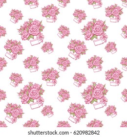 Wedding patches illustration, seamless pattern with bouquet of roses. Vector fashion backdrop in watercolor style, isolated elements on white background.