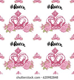 Wedding patches illustration, seamless pattern with queen hashtag and luxury empress crown. Vector fashion backdrop in watercolor style, isolated elements on white background.