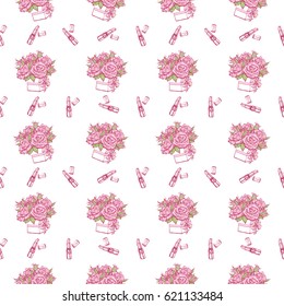 Wedding patches illustration, seamless pattern with pink lipstick and bouquet of roses. Vector fashion backdrop in watercolor style, isolated elements on white background.