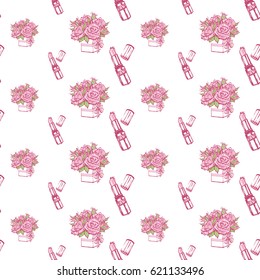 Wedding patches illustration, seamless pattern with pink lipstick and bouquet of roses. Vector fashion backdrop in watercolor style, isolated elements on white background.